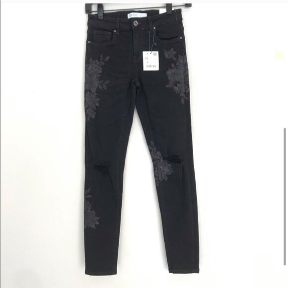 ZARA Midrise Skinny Jeans Denim Floral Ripped Detail Black Distressed Pants - Picture 5 of 6